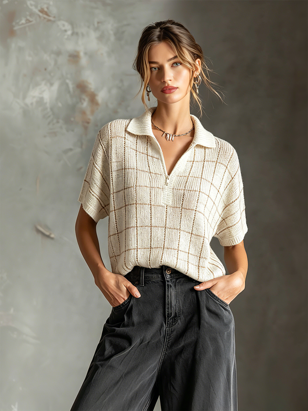Chic Casual Off White Lapel-Collar Zipper-Up Grid Plaid Short-Sleeve Hollow-Out Loose-Fit Knit Sweater Top