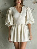 Chic Elegant White V-Neck Button Detail Balloon Sleeve Loose-Fit A-Line Ribbed Knit Mini Dress