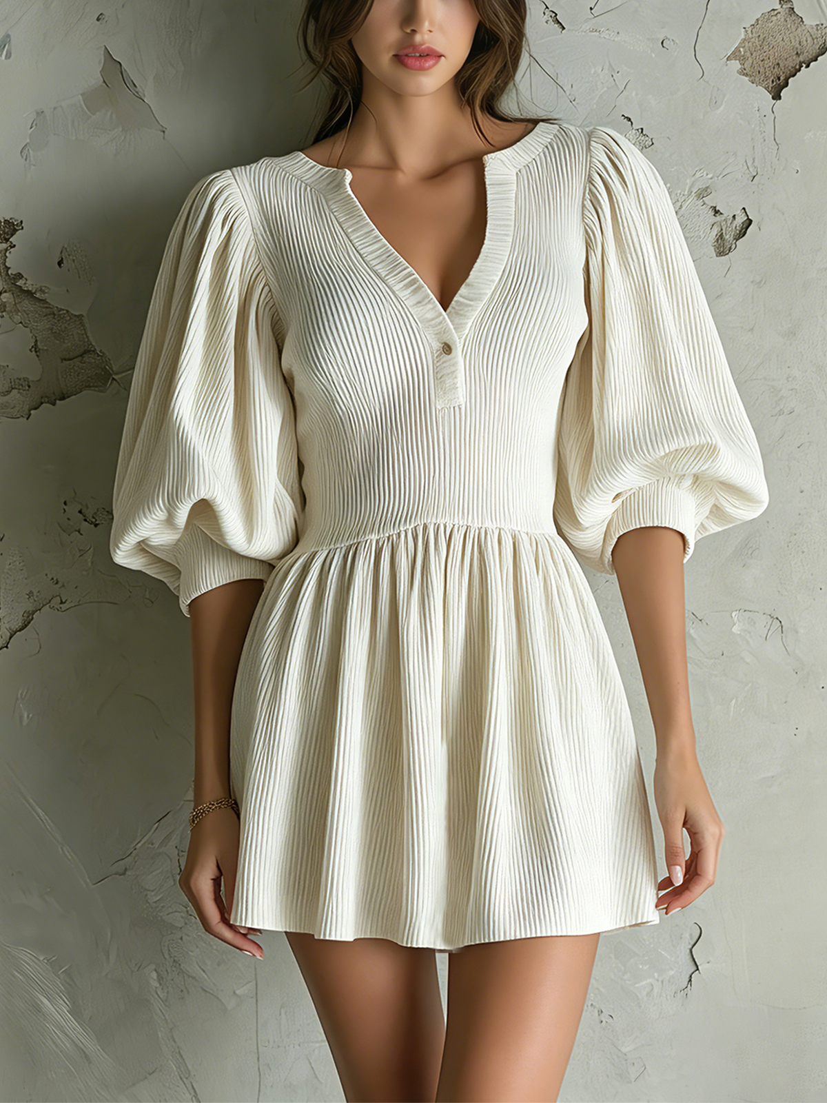 Chic Elegant White V-Neck Button Detail Balloon Sleeve Loose-Fit A-Line Ribbed Knit Mini Dress