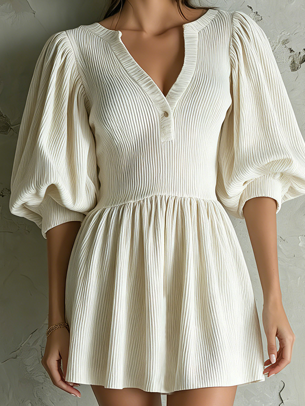 Chic Elegant White V-Neck Button Detail Balloon Sleeve Loose-Fit A-Line Ribbed Knit Mini Dress