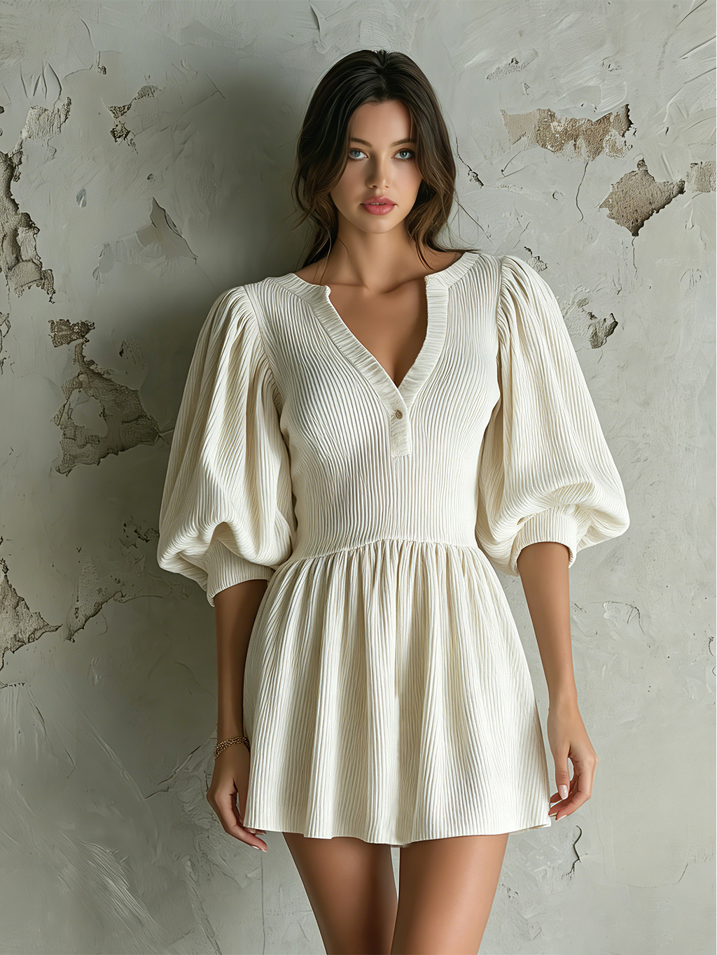 Chic Elegant White V-Neck Button Detail Balloon Sleeve Loose-Fit A-Line Ribbed Knit Mini Dress