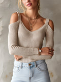 Chic Elegant Oatmeal-Colored V-Neck Cutout Detail Long-Sleeve Slim-Fit Ribbed Knit Sweater Top