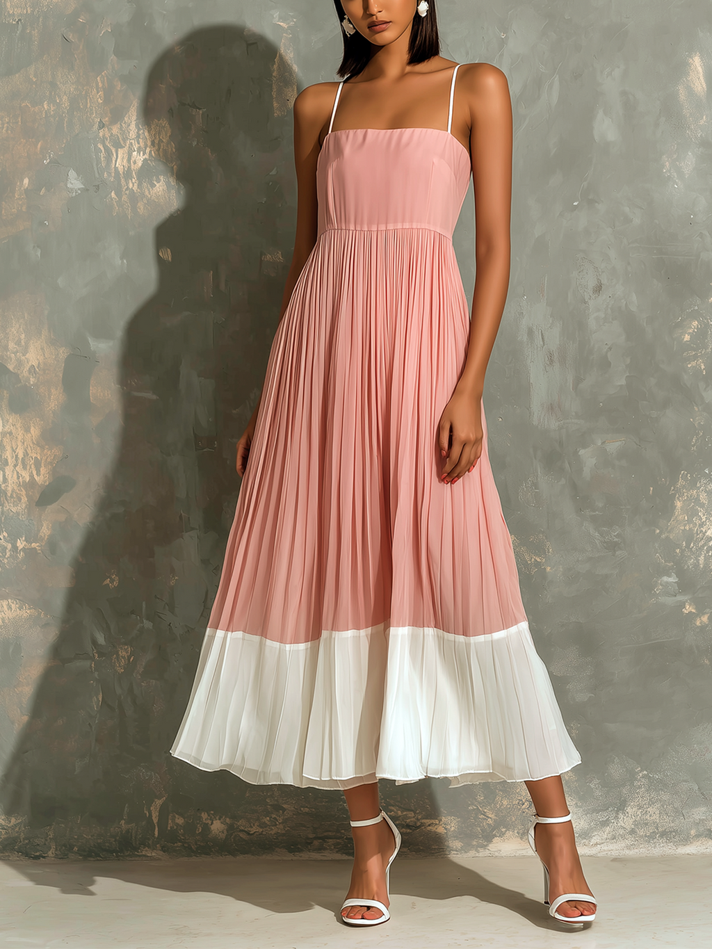 Chic Elegant Blush Pink-White Colorblock Spaghetti Straps  Square Neck Sleeveless Loose-Fit A-Line Pleated Chiffon Midi Dress