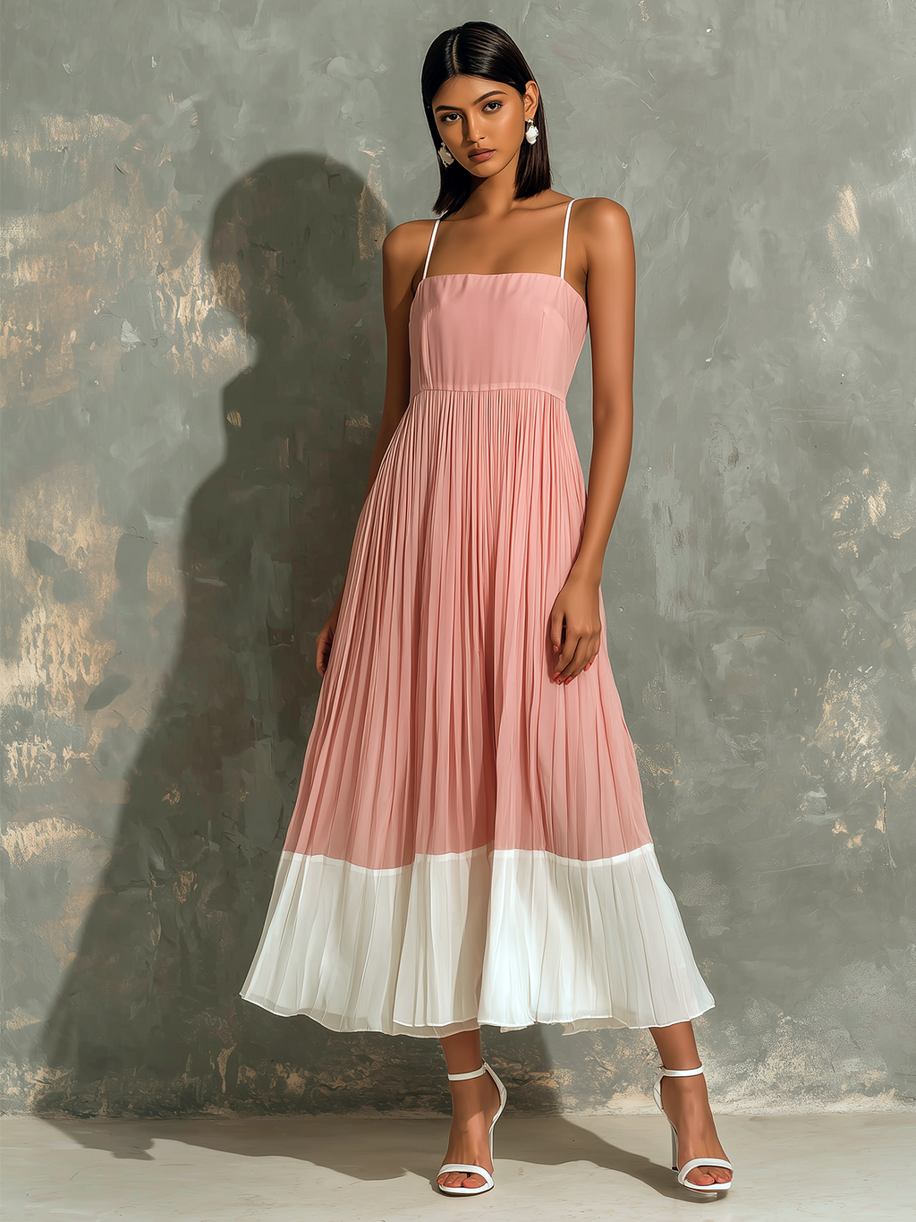 Chic Elegant Blush Pink-White Colorblock Spaghetti Straps  Square Neck Sleeveless Loose-Fit A-Line Pleated Chiffon Midi Dress