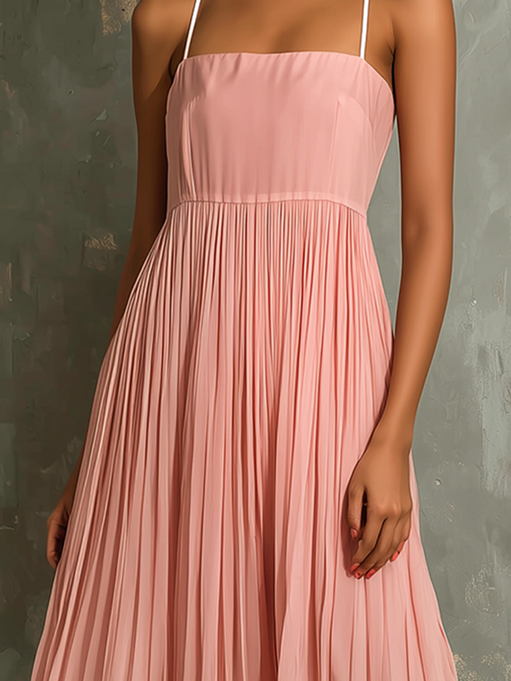 Chic Elegant Blush Pink-White Colorblock Spaghetti Straps  Square Neck Sleeveless Loose-Fit A-Line Pleated Chiffon Midi Dress