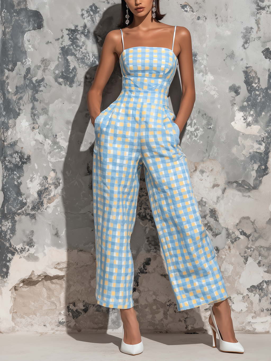 Chic Elegant Light Blue Gingham Check Cotton Blend Spaghetti Straps Square Neck Sleeveless Tailored-Waist Loose-Fit Wide-Leg Cropped Jumpsuit