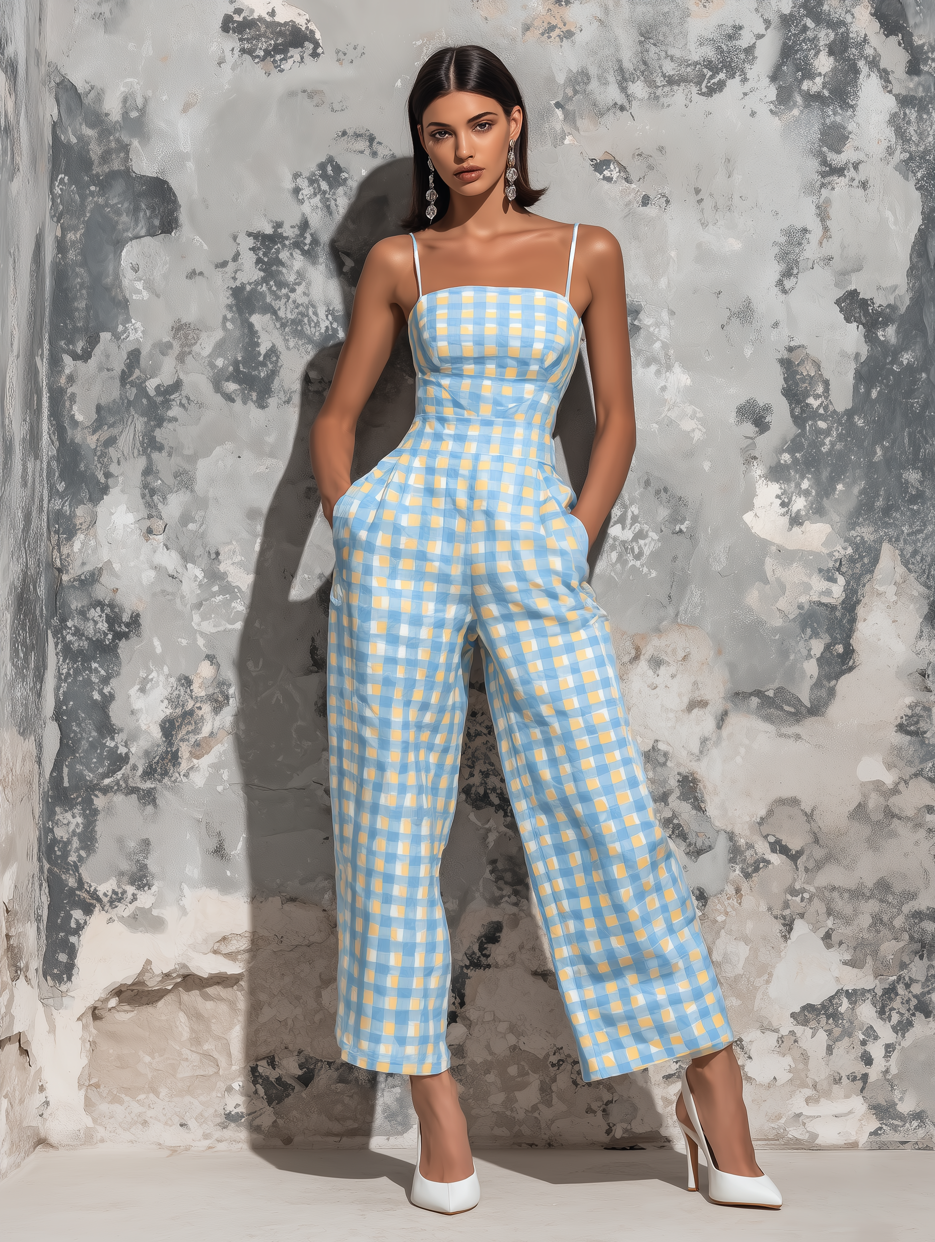 Chic Elegant Light Blue Gingham Check Cotton Blend Spaghetti Straps Square Neck Sleeveless Tailored-Waist Loose-Fit Wide-Leg Cropped Jumpsuit