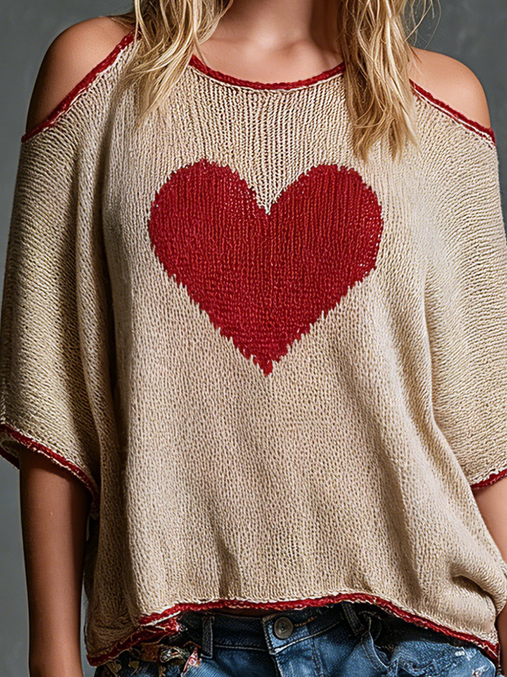 Chic Casual Beige Heart Jacquard Cold Shoulder Round-Neck Contrast Trim Short-Sleeve Loose-Fit Knit Sweater Top