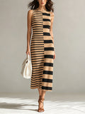 Chic Elegant Camel-Black Colorblock Stripes Round-Neck Sleeveless H-shaped Knit Midi Dress