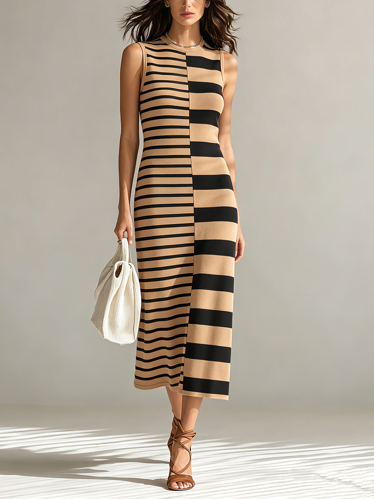Chic Elegant Camel-Black Colorblock Stripes Round-Neck Sleeveless H-shaped Knit Midi Dress