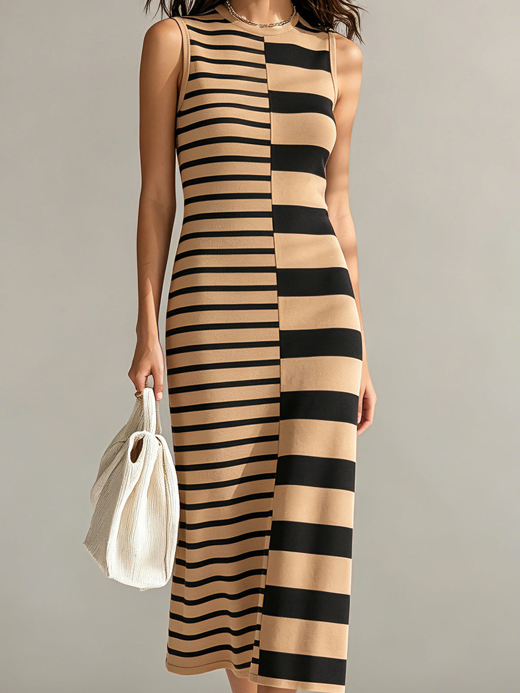 Chic Elegant Camel-Black Colorblock Stripes Round-Neck Sleeveless H-shaped Knit Midi Dress