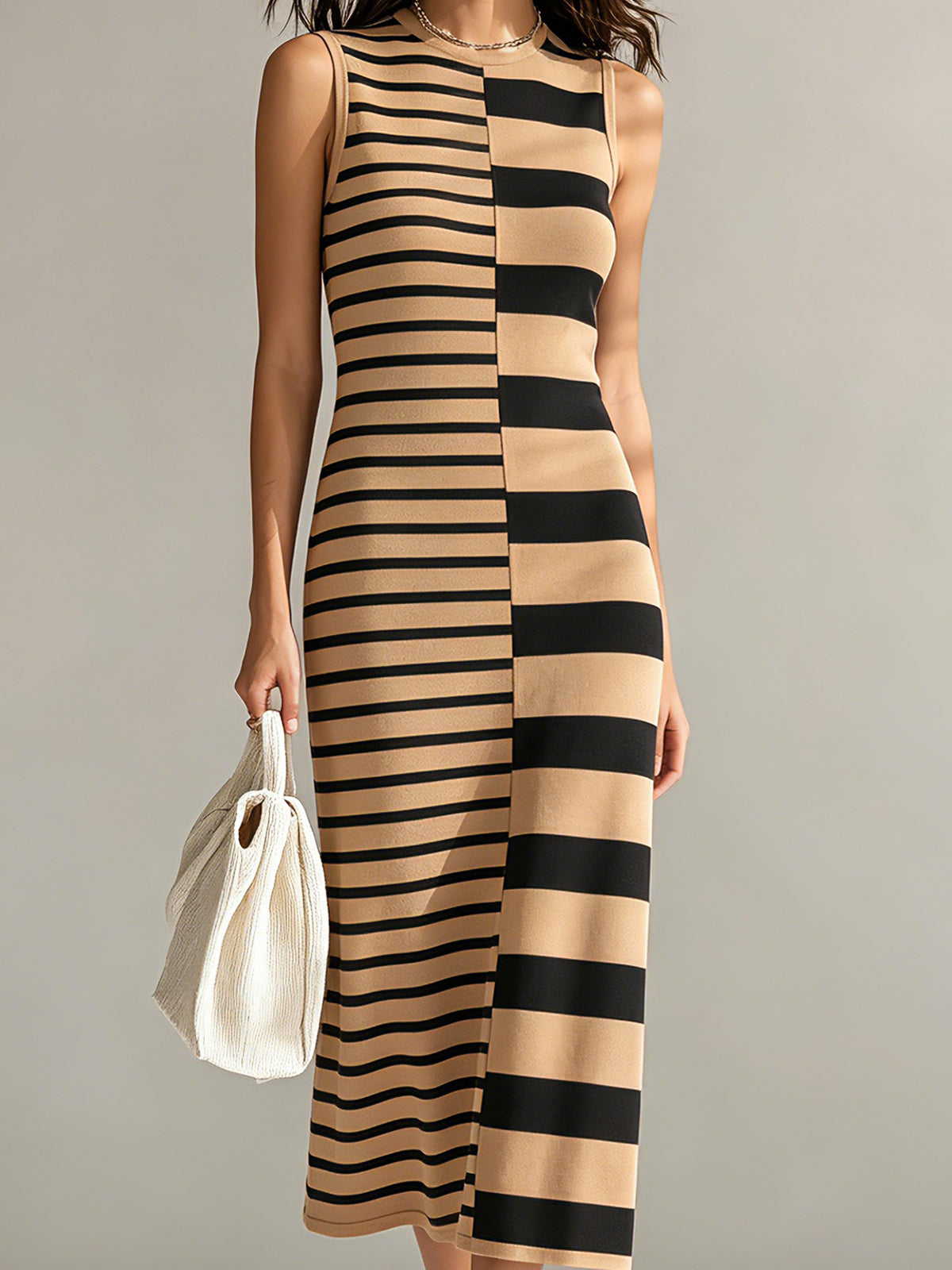 Chic Elegant Camel-Black Colorblock Stripes Round-Neck Sleeveless H-shaped Knit Midi Dress
