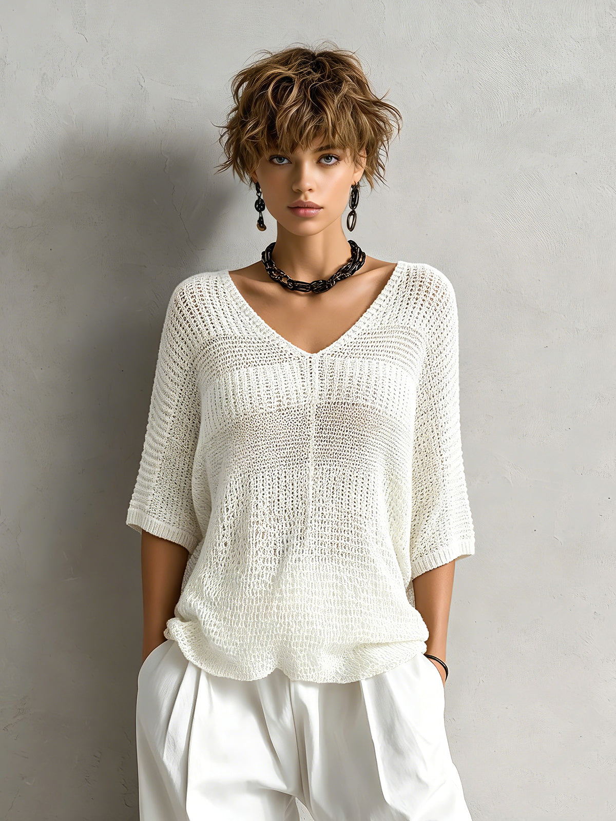 Chic Elegant Cream White V-Neck Half-Sleeve Patchwork Detail Loose-Fit Mesh Knit Sweater Top