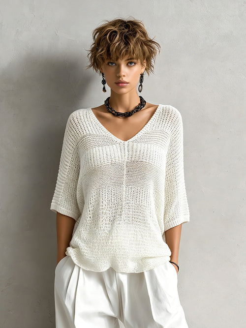 Chic Elegant Cream White V-Neck Half-Sleeve Patchwork Detail Loose-Fit Mesh Knit Sweater Top