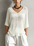 Chic Elegant Cream White V-Neck Half-Sleeve Patchwork Detail Loose-Fit Mesh Knit Sweater Top