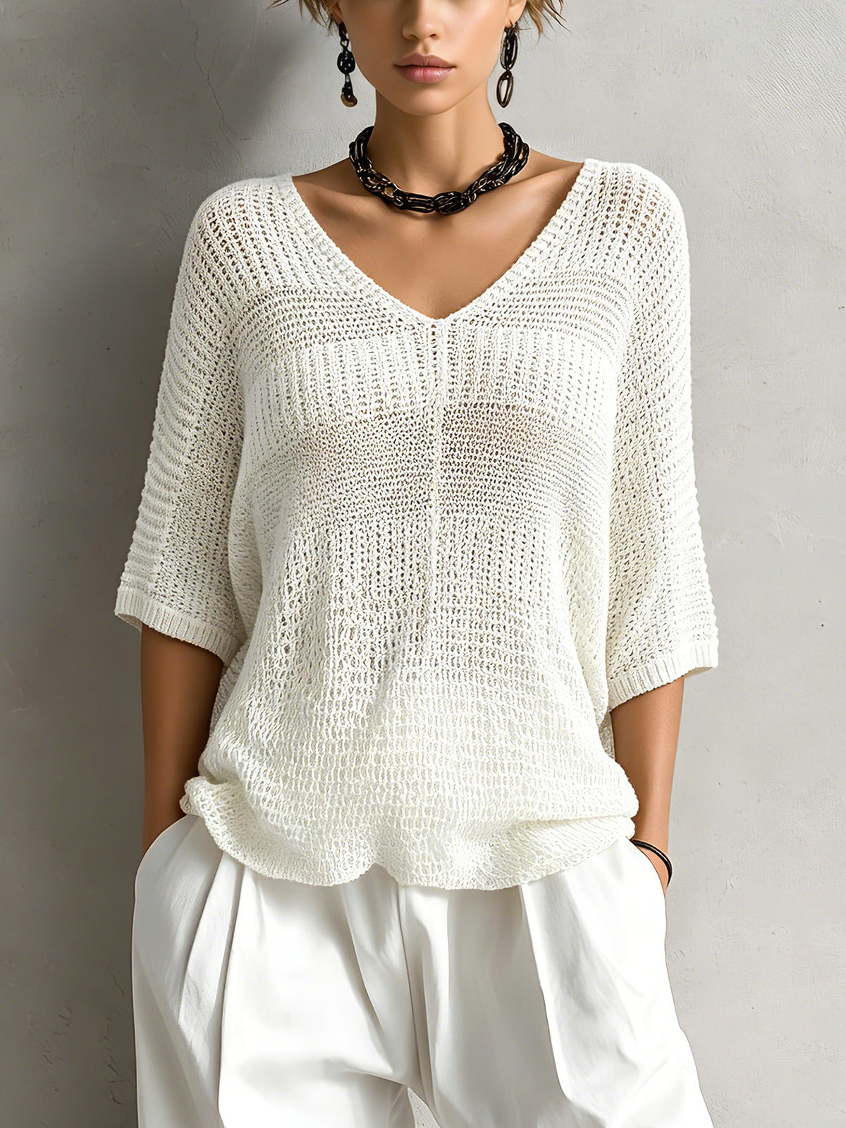 Chic Elegant Cream White V-Neck Half-Sleeve Patchwork Detail Loose-Fit Mesh Knit Sweater Top