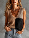 Chic Elegant Camel-Black Colorblock V-Neck Sleeveless Loose-Fit Fuzzy Knit Vest Top