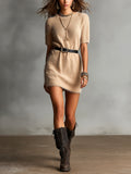 Chic Elegant Camel Round-Neck Short-Sleeve PU Belted Loose-Fit H-Shaped Fuzzy Knit Mini Dress