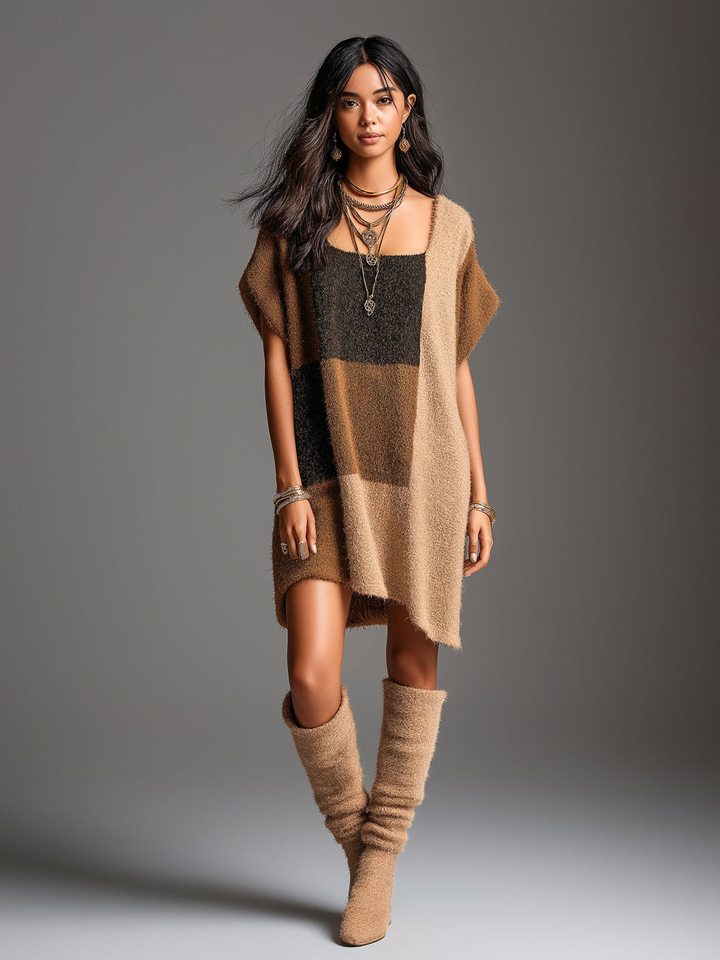 Chic Elegant Camel-Brown-Black Colorblock Square-Neck Short-Sleeve Oversize Fuzzy Knit Mini Dress