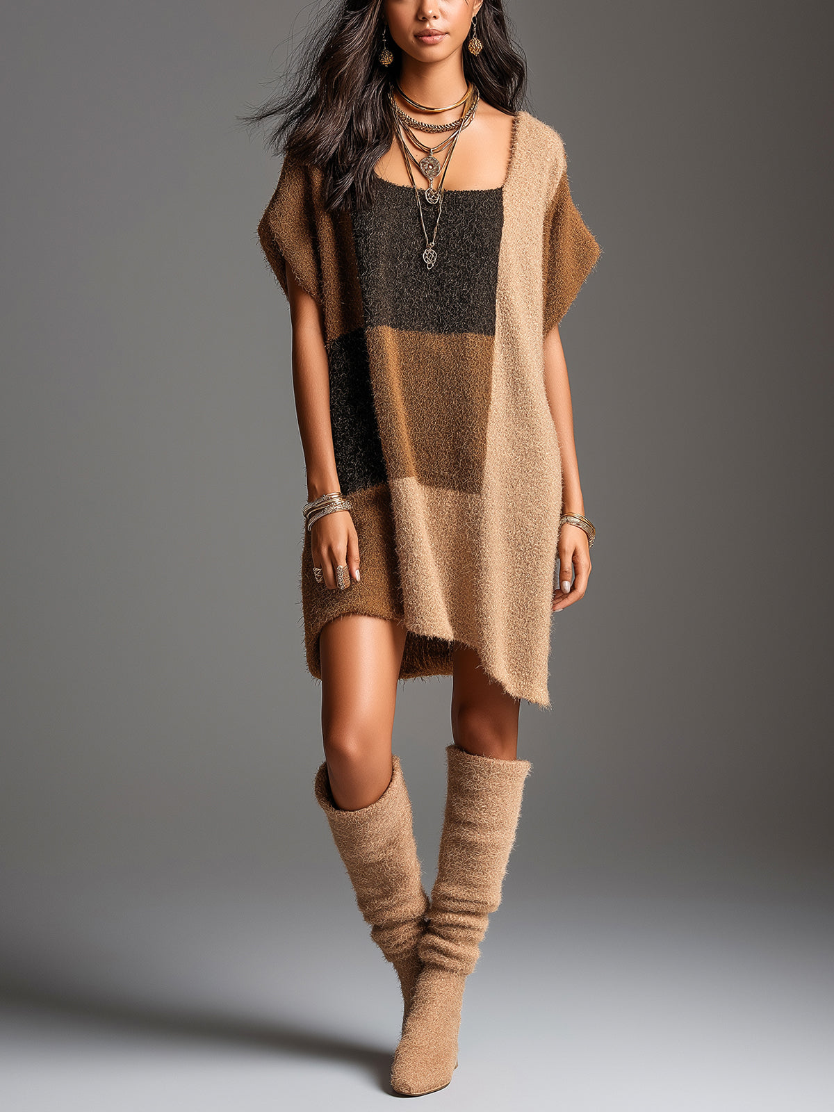 Chic Elegant Camel-Brown-Black Colorblock Square-Neck Short-Sleeve Oversize Fuzzy Knit Mini Dress