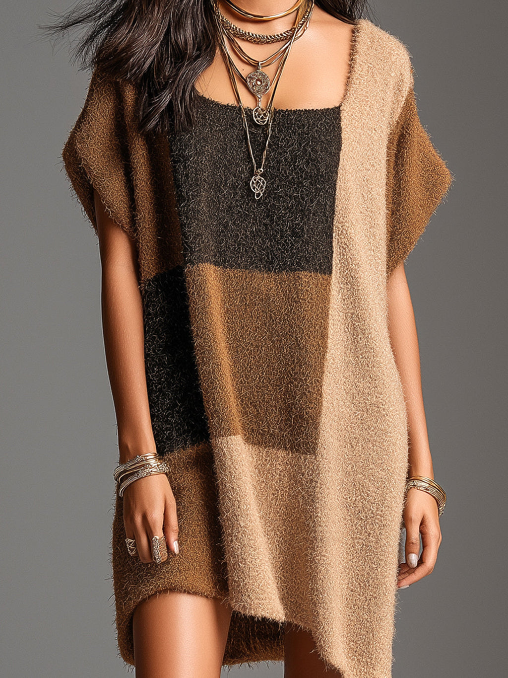 Chic Elegant Camel-Brown-Black Colorblock Square-Neck Short-Sleeve Oversize Fuzzy Knit Mini Dress