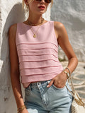 Chic Elegant Pink Cotton-Linen Blend Round-Neck Sleeveless Regular-Fit Patchwork Detail Vest Top