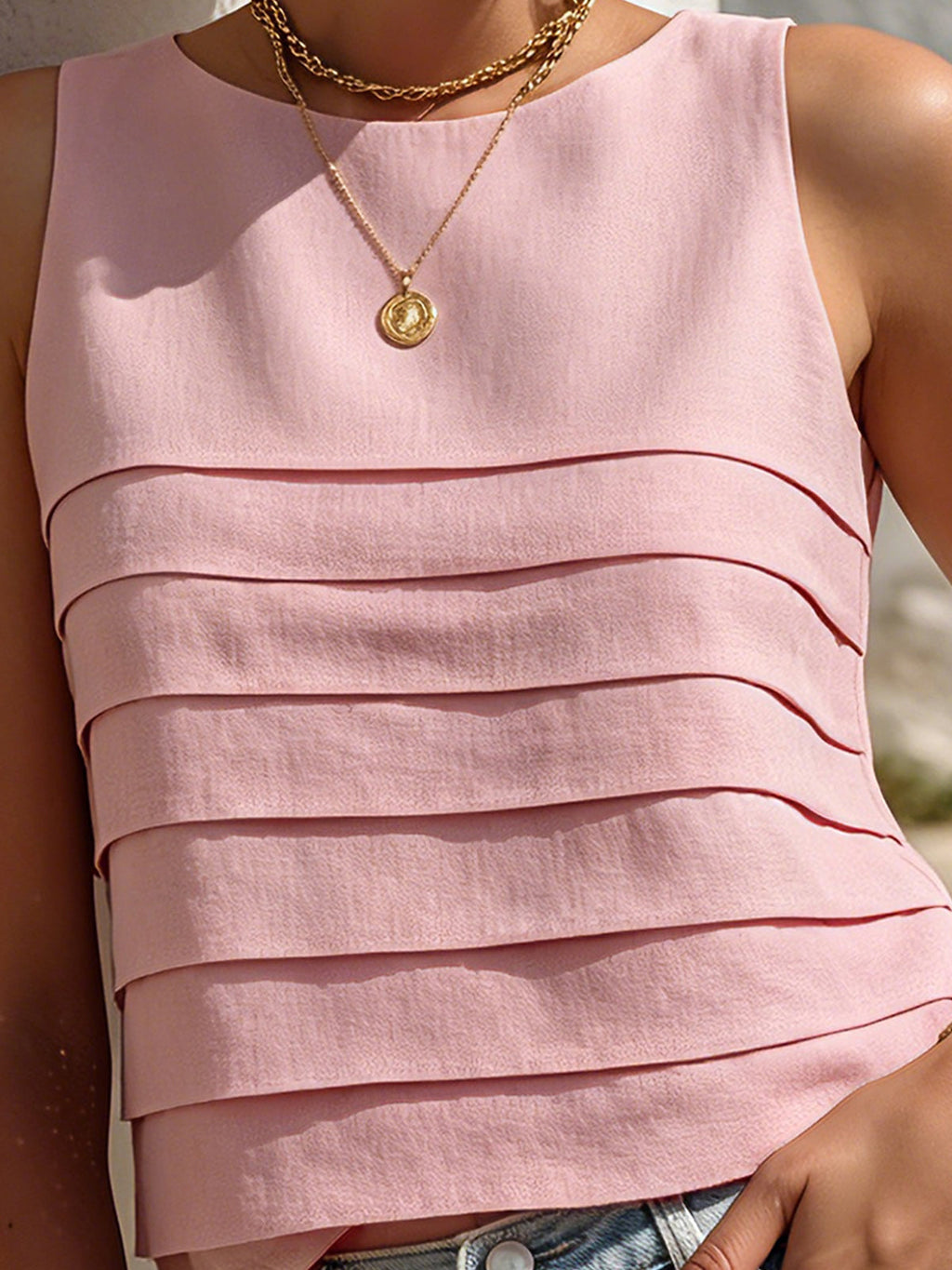Chic Elegant Pink Cotton-Linen Blend Round-Neck Sleeveless Regular-Fit Patchwork Detail Vest Top