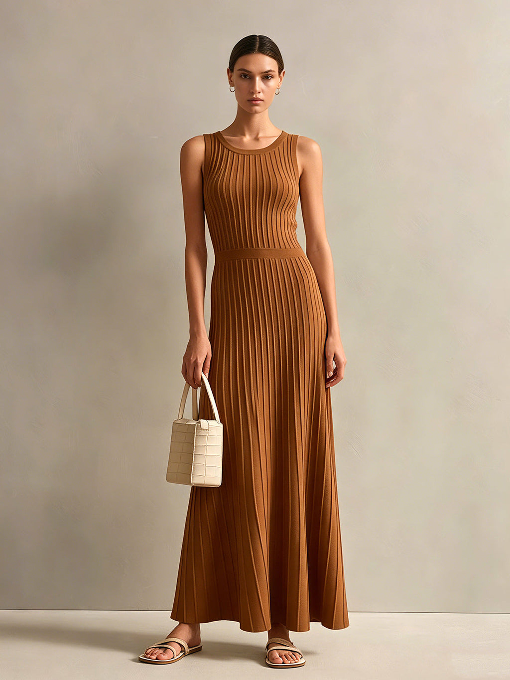 chic-elegant-caramel-brown-stripes-round-neck-sleeveless-tailored-waist-a-line-knit-maxi-dress