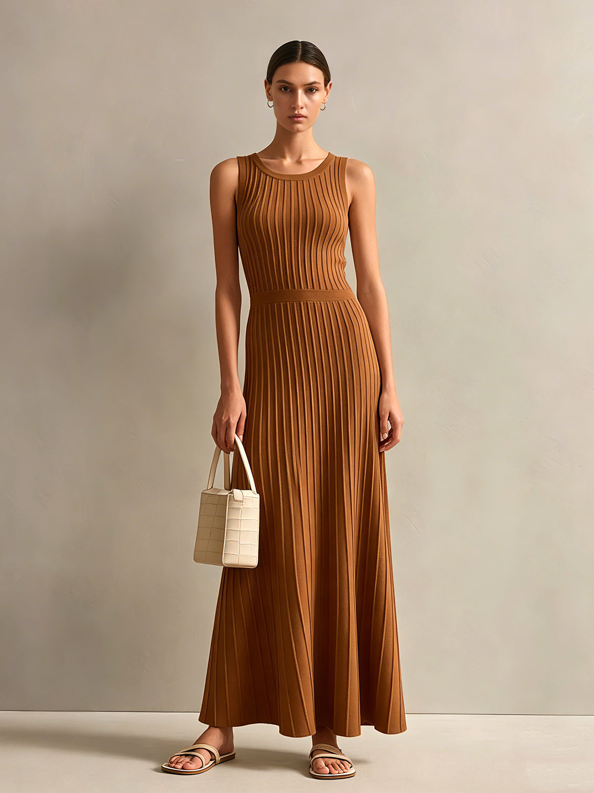 chic-elegant-caramel-brown-stripes-round-neck-sleeveless-tailored-waist-a-line-knit-maxi-dress