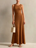 chic-elegant-caramel-brown-stripes-round-neck-sleeveless-tailored-waist-a-line-knit-maxi-dress