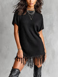 Chic Elegant Black Round-Neck Short-Sleeve Fringe Detail Loose-Fit Knit Mini Dress