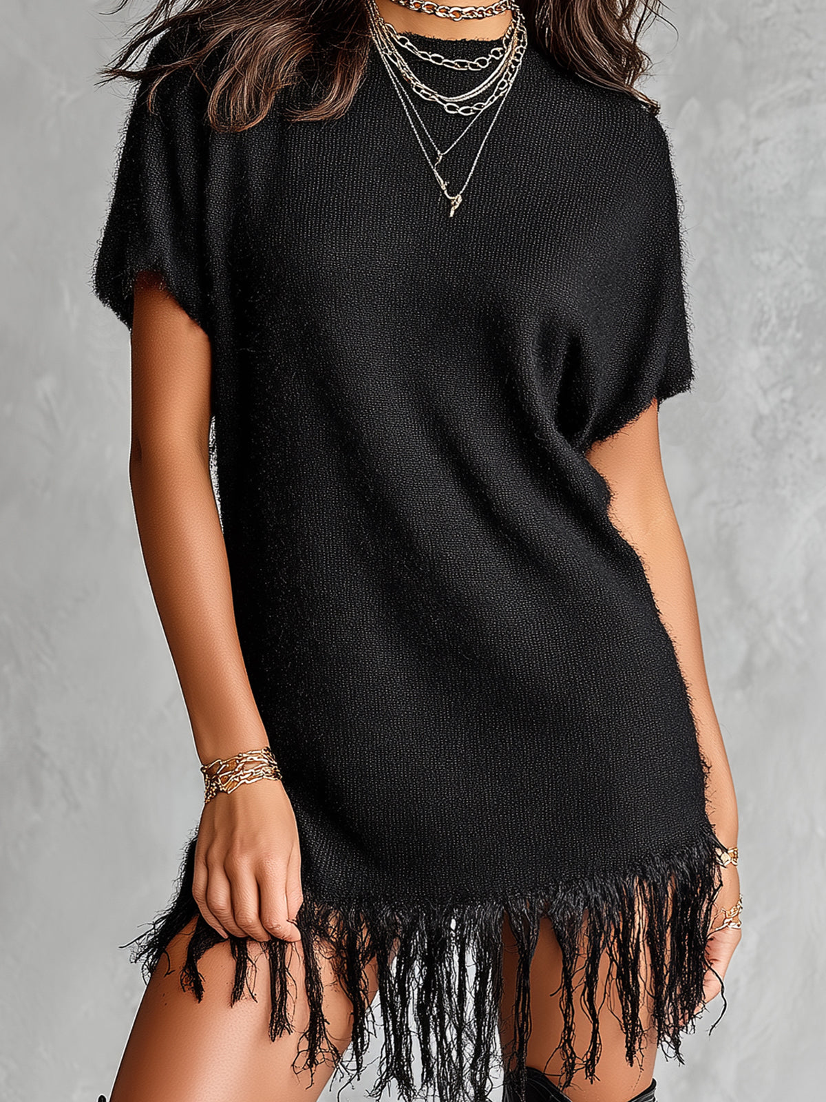 Chic Elegant Black Round-Neck Short-Sleeve Fringe Detail Loose-Fit Knit Mini Dress