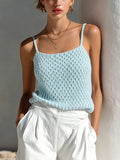 Chic Elegant Light Blue Spaghetti Straps Square-Neck Sleeveless Loose-Fit Textured Knit Camisole