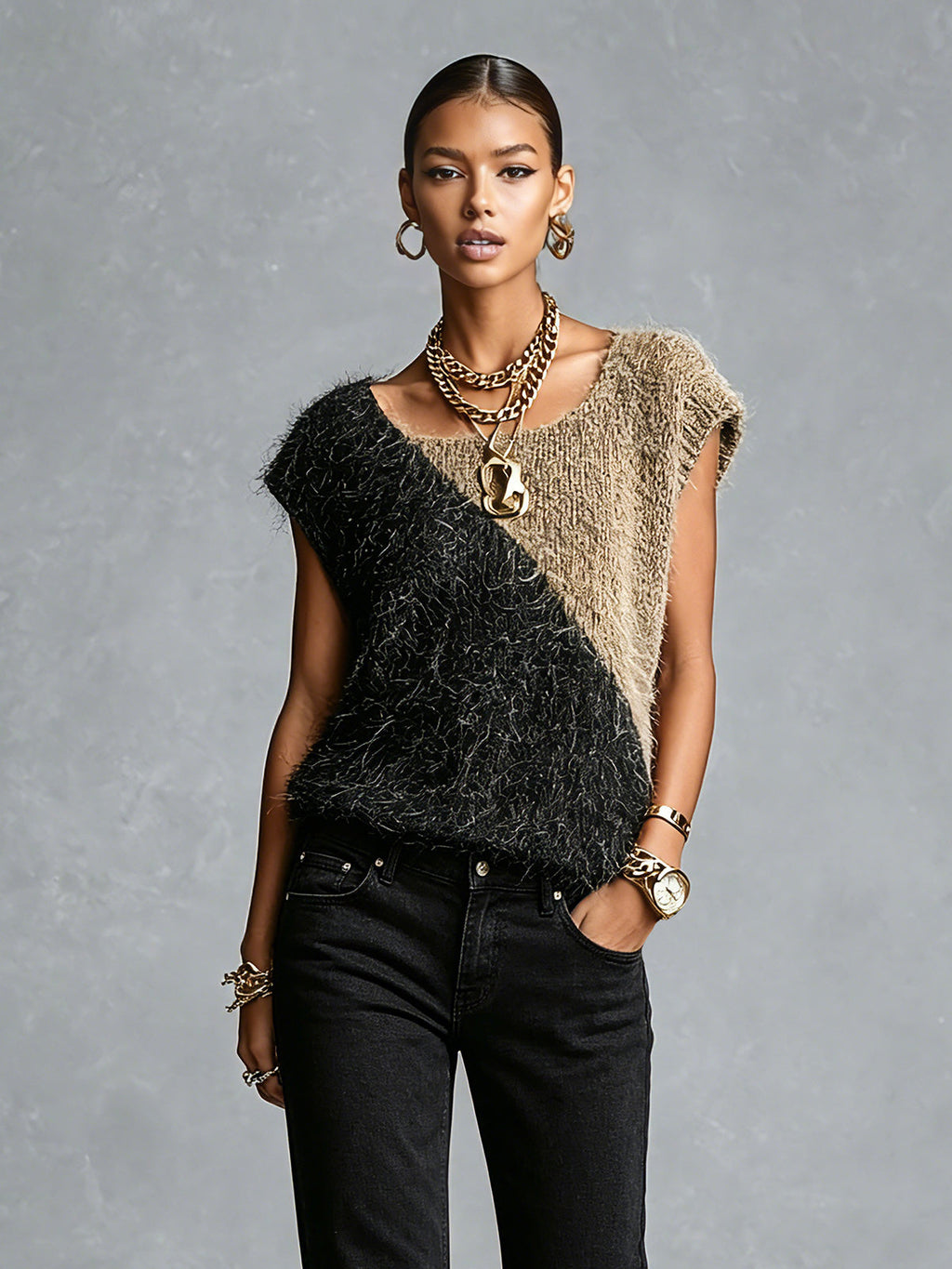 Chic Elegant Black-Camel Colorblock Square-Neck Cap Sleeve Loose-Fit Fuzzy Knit Vest Top