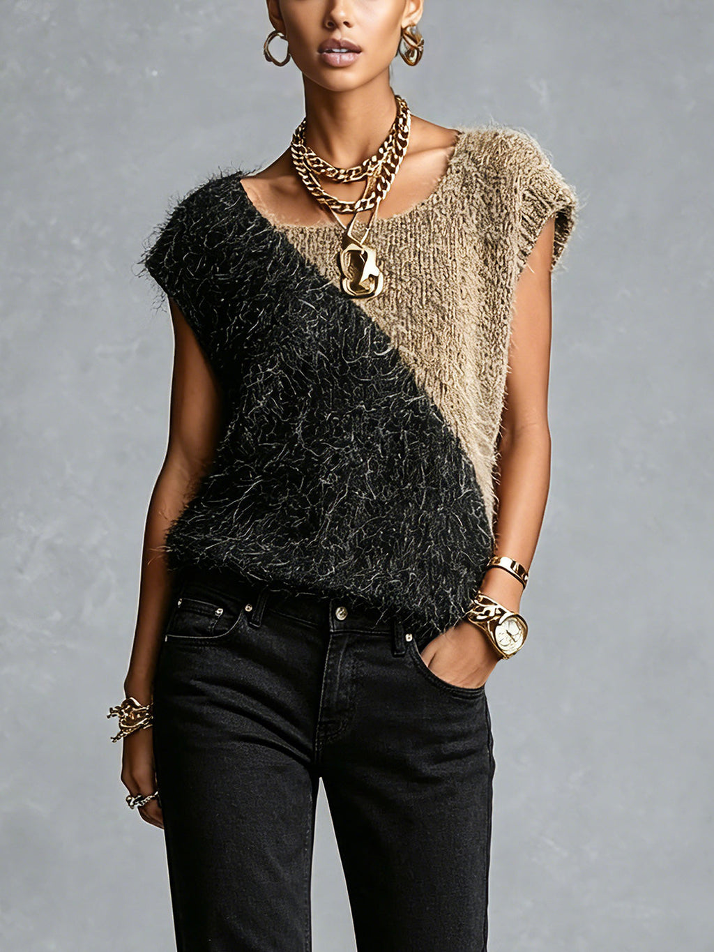Chic Elegant Black-Camel Colorblock Square-Neck Cap Sleeve Loose-Fit Fuzzy Knit Vest Top