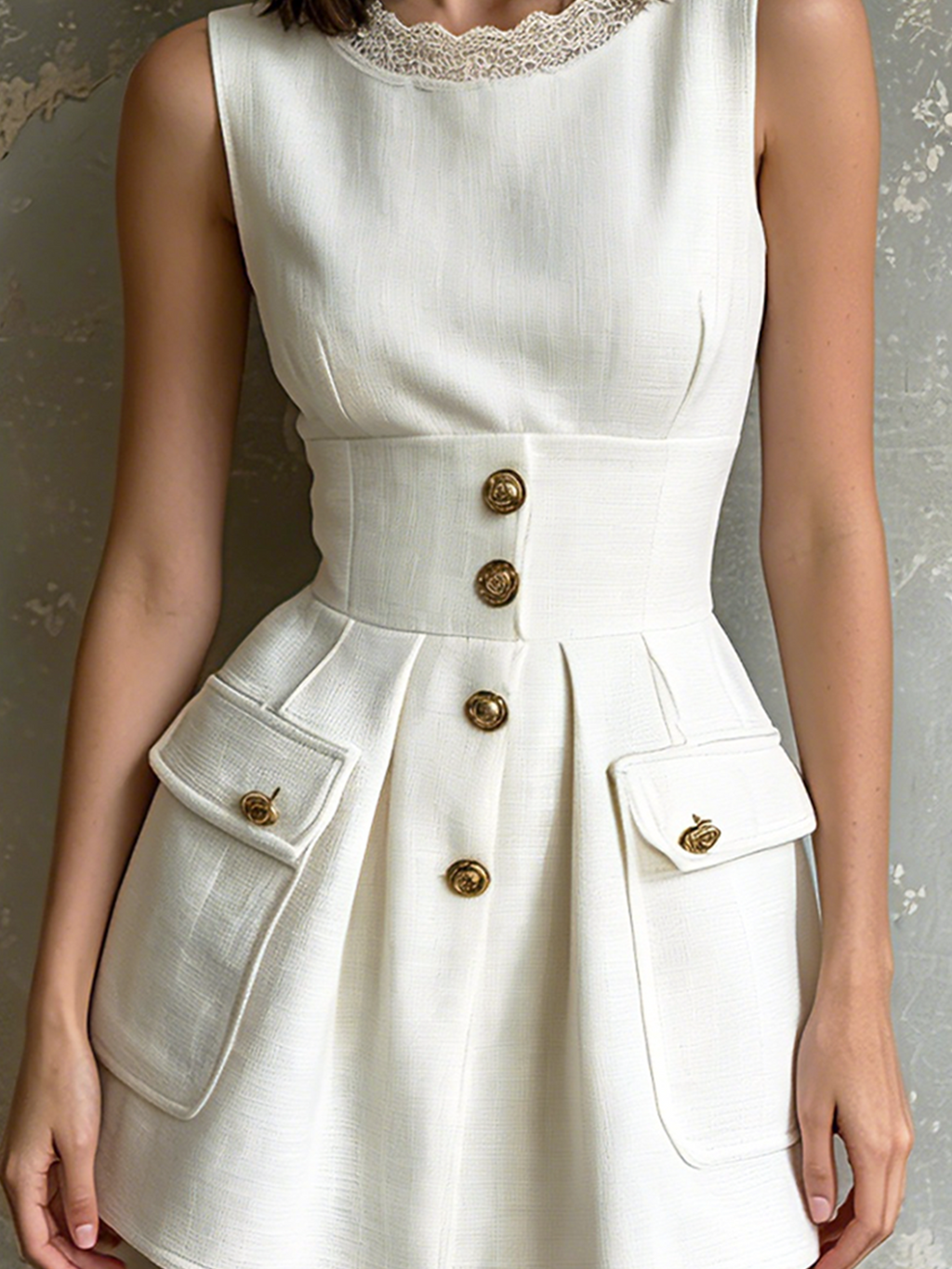 Chic Elegant White Round-Neck Lace Trim Sleeveless Gold Button-Up Patch Pockets High Waist A-Line Woven Fabric Mini Dress