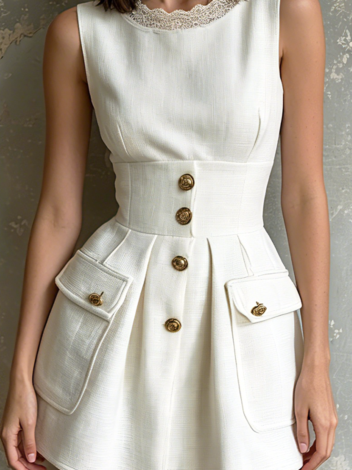 Chic Elegant White Round-Neck Lace Trim Sleeveless Gold Button-Up Patch Pockets High Waist A-Line Woven Fabric Mini Dress