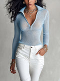 Chic Elegant Blue Zipper-Up Lapel Collar Long-Sleeve Slim-Fit Mesh Knit Sweater Top