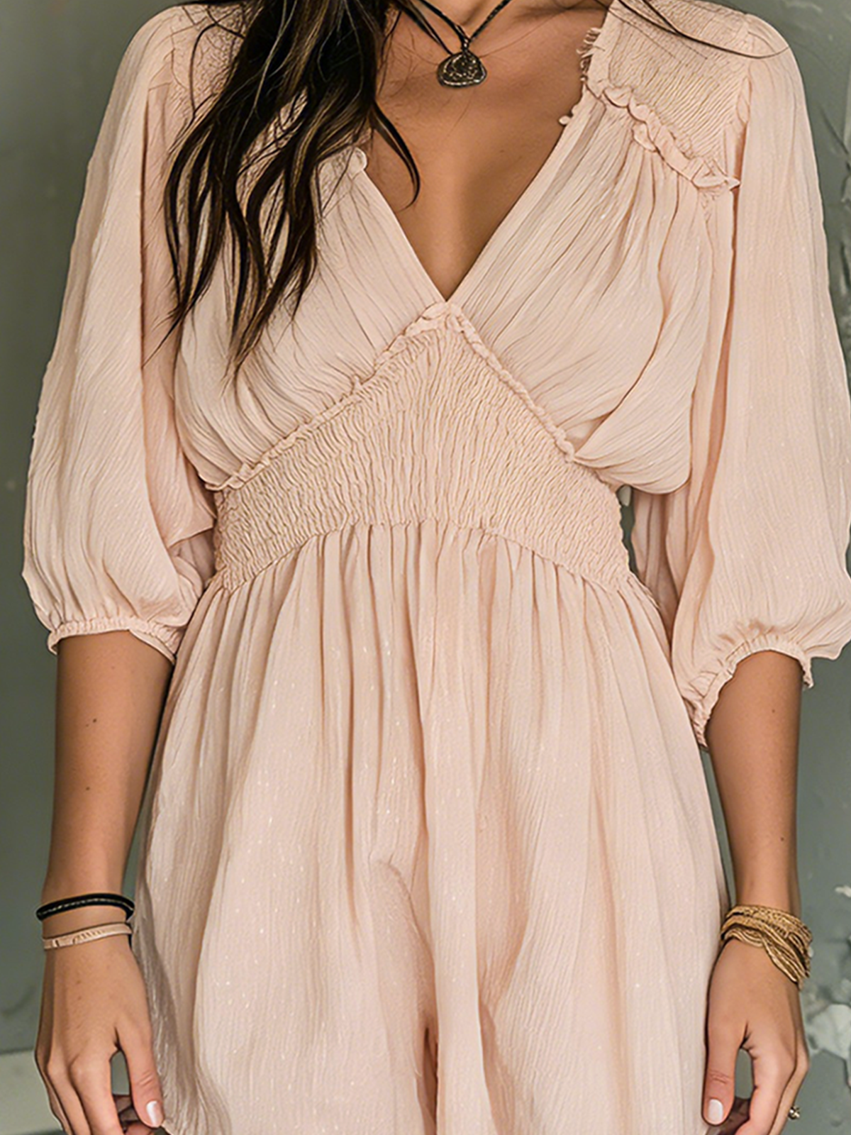 Chic Elegant Dusty Pink V-Neck Ruffle Detail Half Sleeve Smocked Waist A-Line Crinkle Chiffon Mini Dress