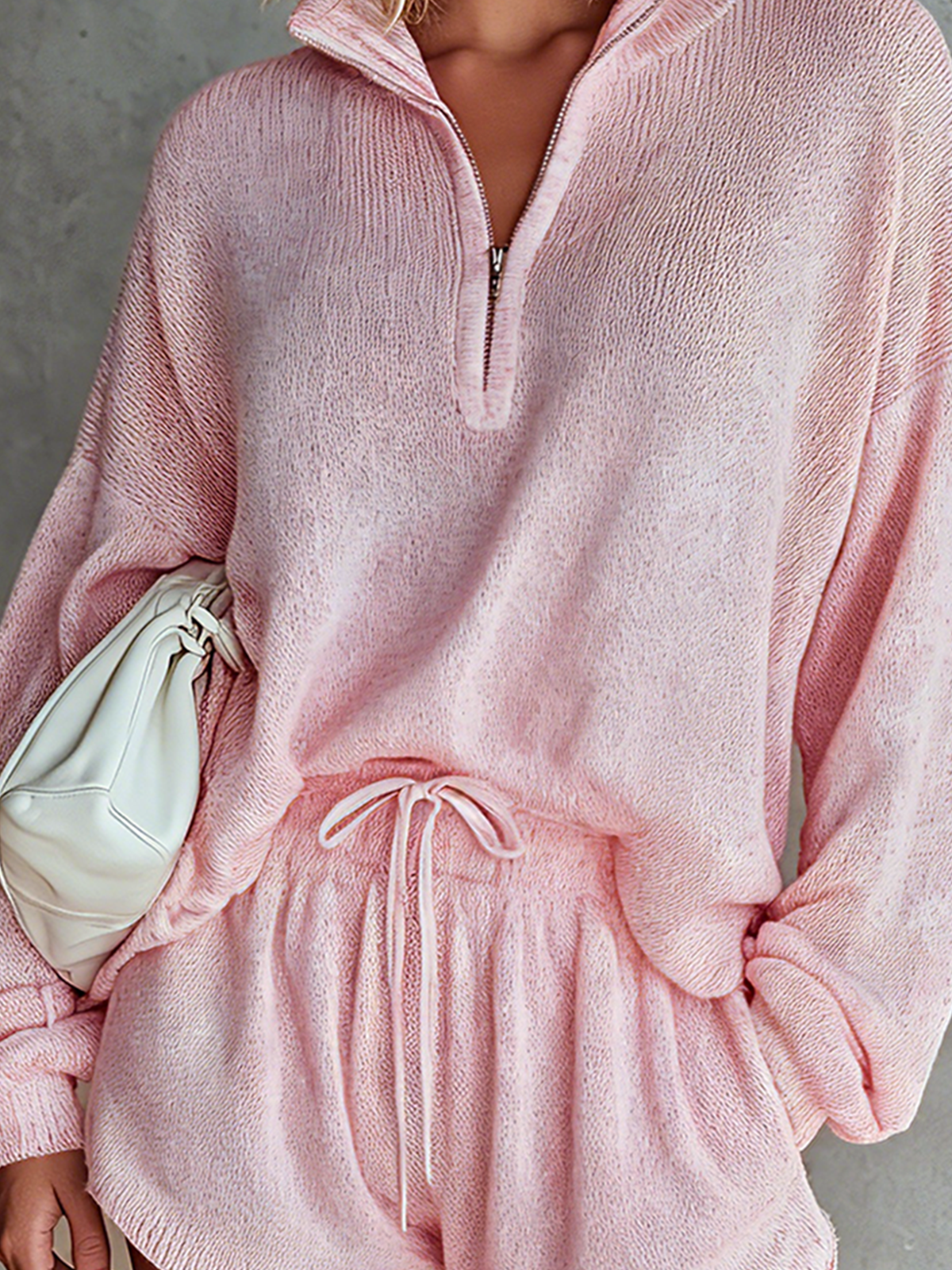 Chic Elegant Pink Stand Collar Zipper-Up Long Sleeve Loose-Fit Knit Sweater Top Drawstring-Waist Shorts Two-Piece Set