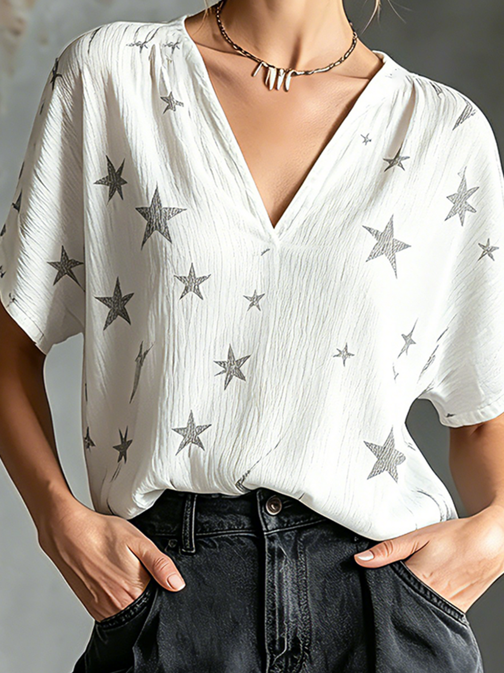 Chic Elegant White Crinkle Woven Fabric Charcoal Gray Star Print V-Neck Short-Sleeve Loose-Fit Shirt Top