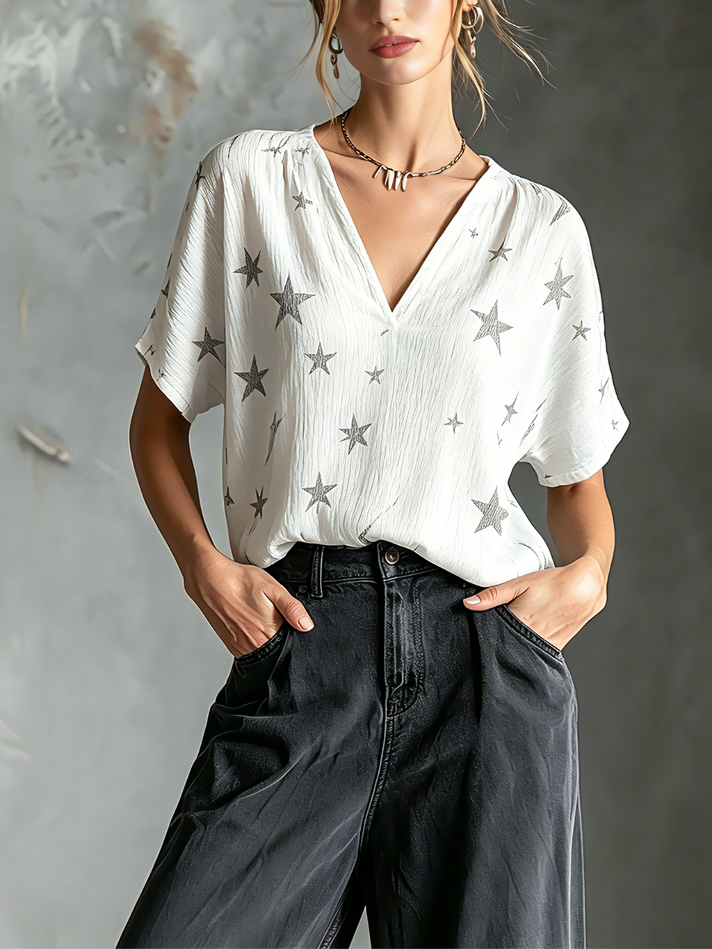 Chic Elegant White Crinkle Woven Fabric Charcoal Gray Star Print V-Neck Short-Sleeve Loose-Fit Shirt Top