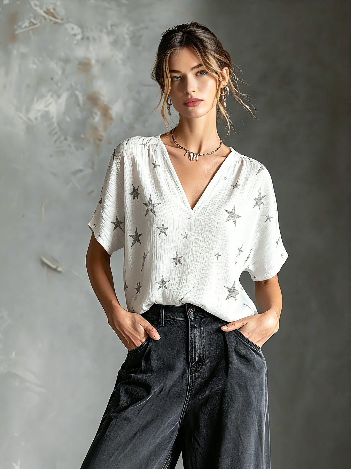 Chic Elegant White Crinkle Woven Fabric Charcoal Gray Star Print V-Neck Short-Sleeve Loose-Fit Shirt Top