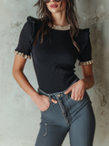 Chic Casual Black Round-Neck Contrast Ruffle Trim Short-Sleeve Slim-Fit Ribbed Knit Sweater Top
