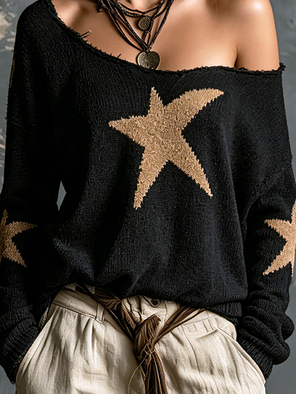 Chic Casual Black Off Shoulder Camel Star Jacquard  Long Sleeve Loose-Fit Knit Sweater Top