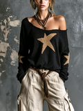 Chic Casual Black Off Shoulder Camel Star Jacquard  Long Sleeve Loose-Fit Knit Sweater Top