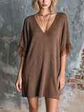 Chic Elegant Brown V-Neck Chiffon Ruffle Short-Sleeve Loose-Fit Knit Mini Dress