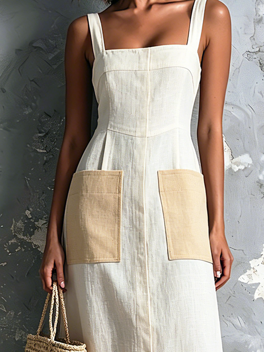 Chic Elegant Off White Wide Strap Square-Neck Contrast Patch Pocket Sleeveless A-Line Cotton-Linen Blend Midi Dress