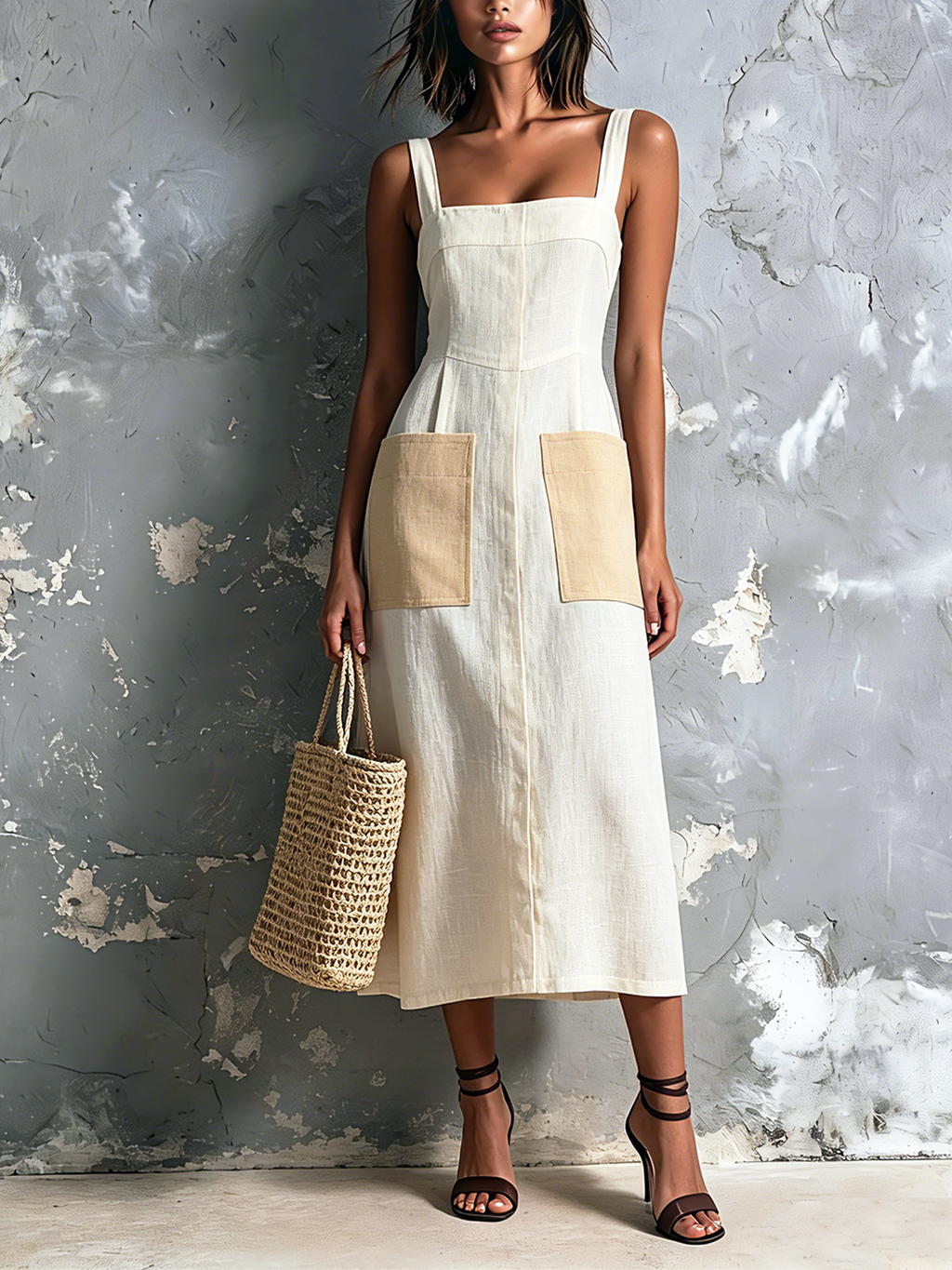 Chic Elegant Off White Wide Strap Square-Neck Contrast Patch Pocket Sleeveless A-Line Cotton-Linen Blend Midi Dress