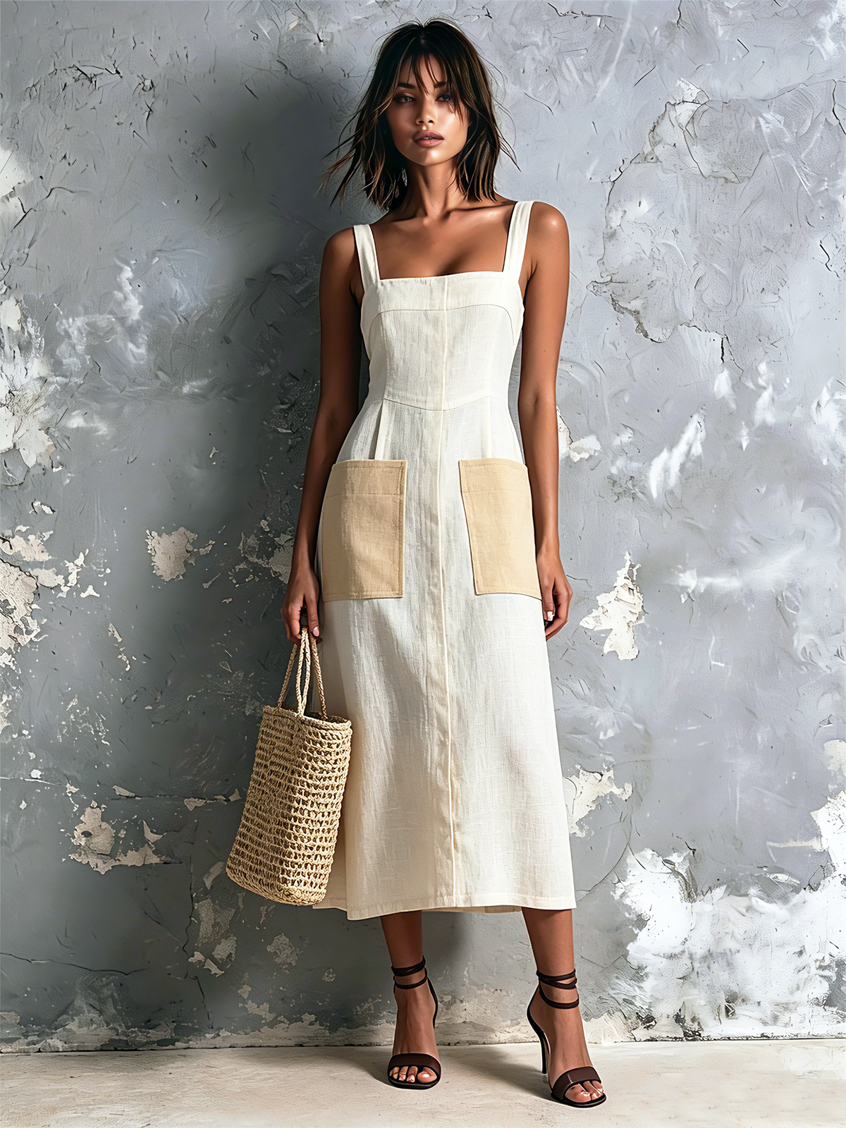 Chic Elegant Off White Wide Strap Square-Neck Contrast Patch Pocket Sleeveless A-Line Cotton-Linen Blend Midi Dress